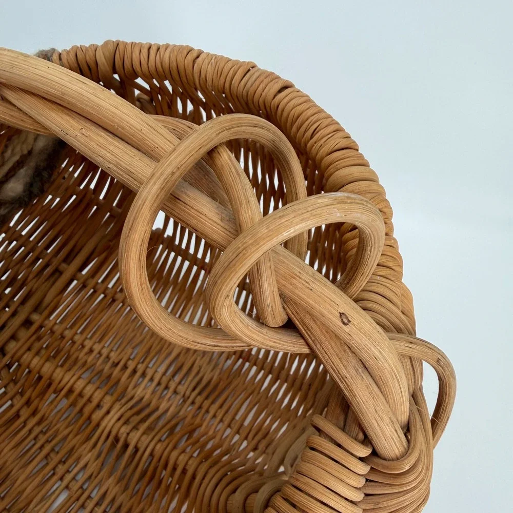 Vintage Woven Rattan Wicker Basket Twisted Handle Beaded Tassel Cottage Boho